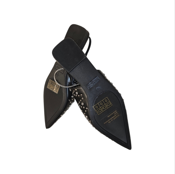 Rhinestone and Silver Studded Slingback Pointed Toe Black Flats - Picture 3 of 8